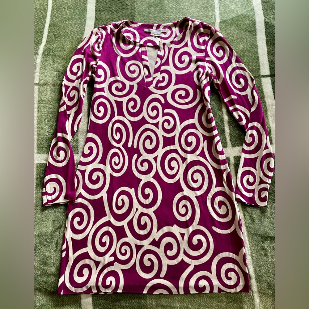 Diane von Furstenberg Reina Silk Jersey Dress Shift Purple Long Sleeve Sz 8 EUC - Picture 7 of 11